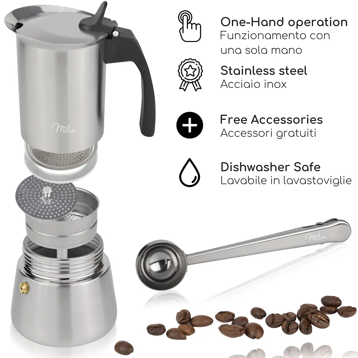 Milu Caffettiera Induzione | 2, 4, 6, 9 Tazze | Caffettiera Espresso in Acciaio Inox, Adatta all'Induzione, Set comprendente sottobicchiere, cucchiaio, spazzola (6 Tazze 300ml)