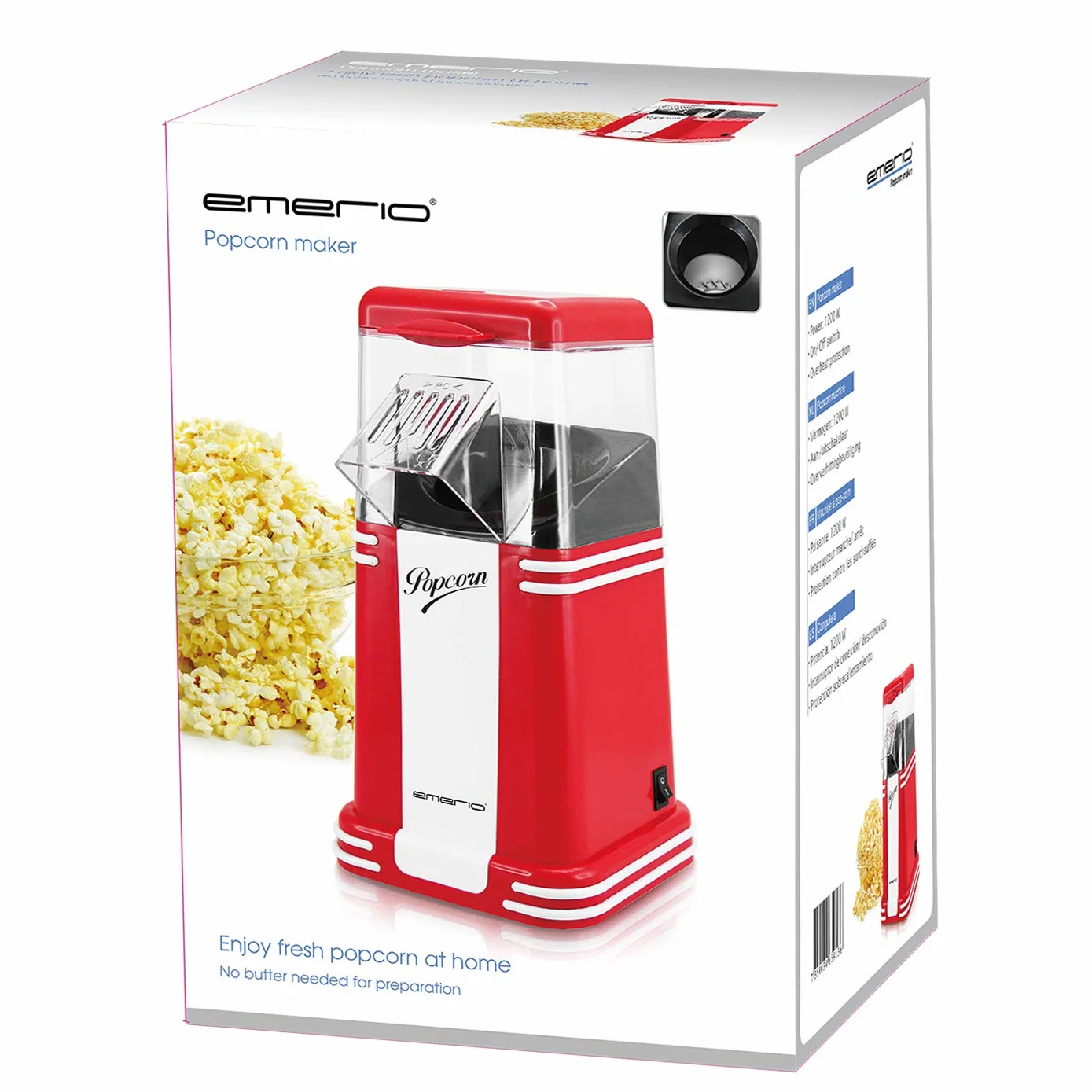 Emerio Macchina per popcorn Maker, deliziosi popcorn per la casa, facile e veloce, 60 g di mais per passaggio, 1200 Watt, facile pulizia, tecnologia ad aria calda, senza BPA, piccola