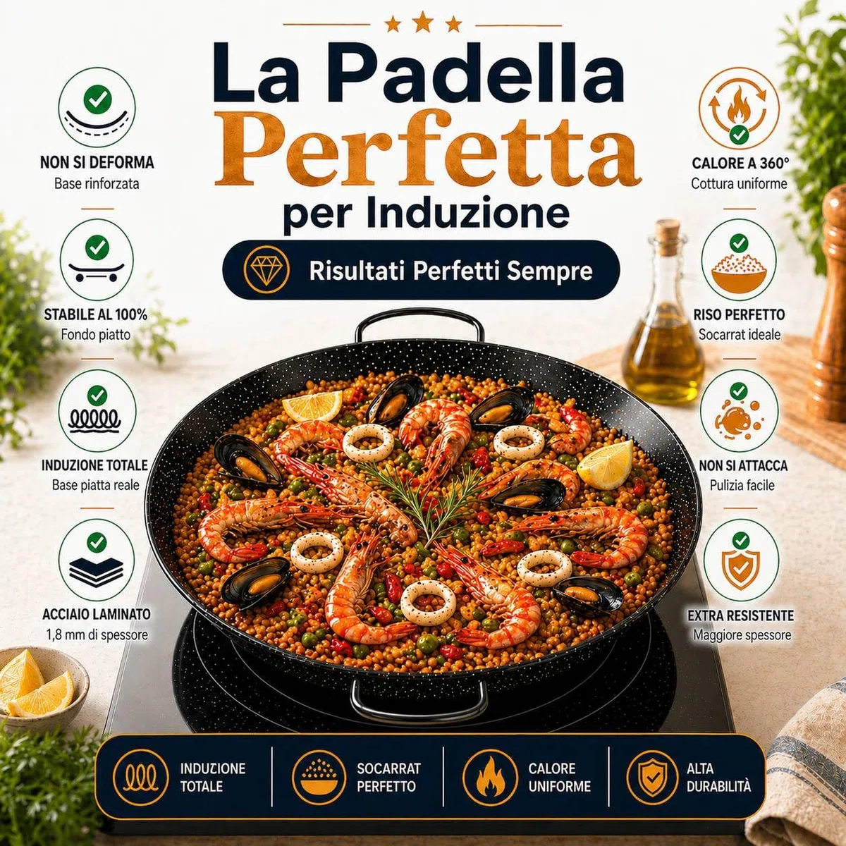 TEHORNEO Padella per Paella, Paellera Induzione 32 cm Acciaio Smaltato 4-5 porzioni, Paellera, Padella Paella, Pentola per Paella, Pentola Paella, Paella