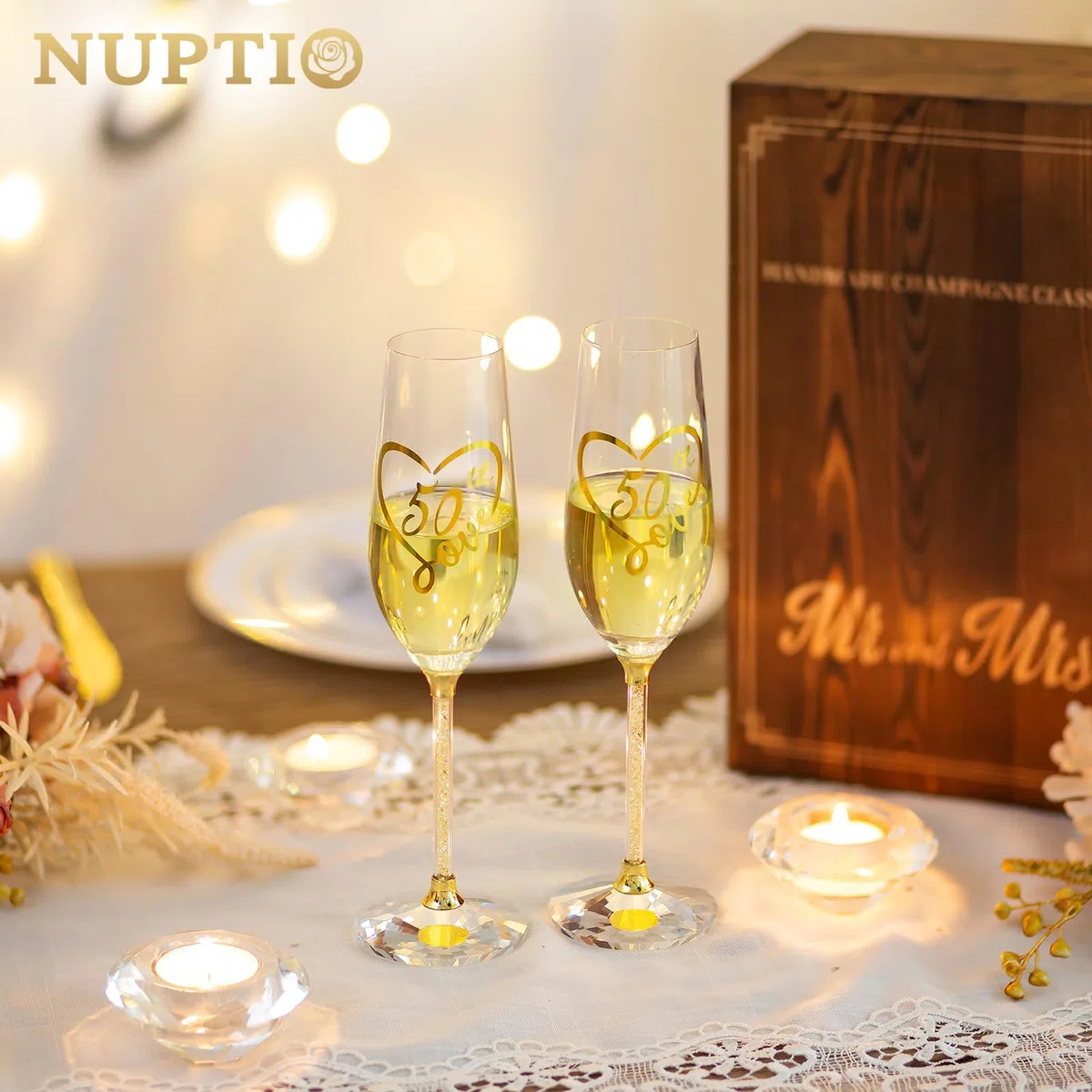 Nuptio 50 Anni Matrimonio Regalo: Set 2 Dorati Bicchieri Champagne con Scatola Legno Champagne Flute per Genitori Coppia Mamma Papà