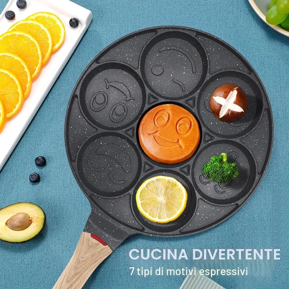 Padella Pancake Induzione Smile, Pancake Piastra Smiley Antiaderente 7 Fori Padella Frittata Piatto Colazione per Bambini 26 cm - Nero