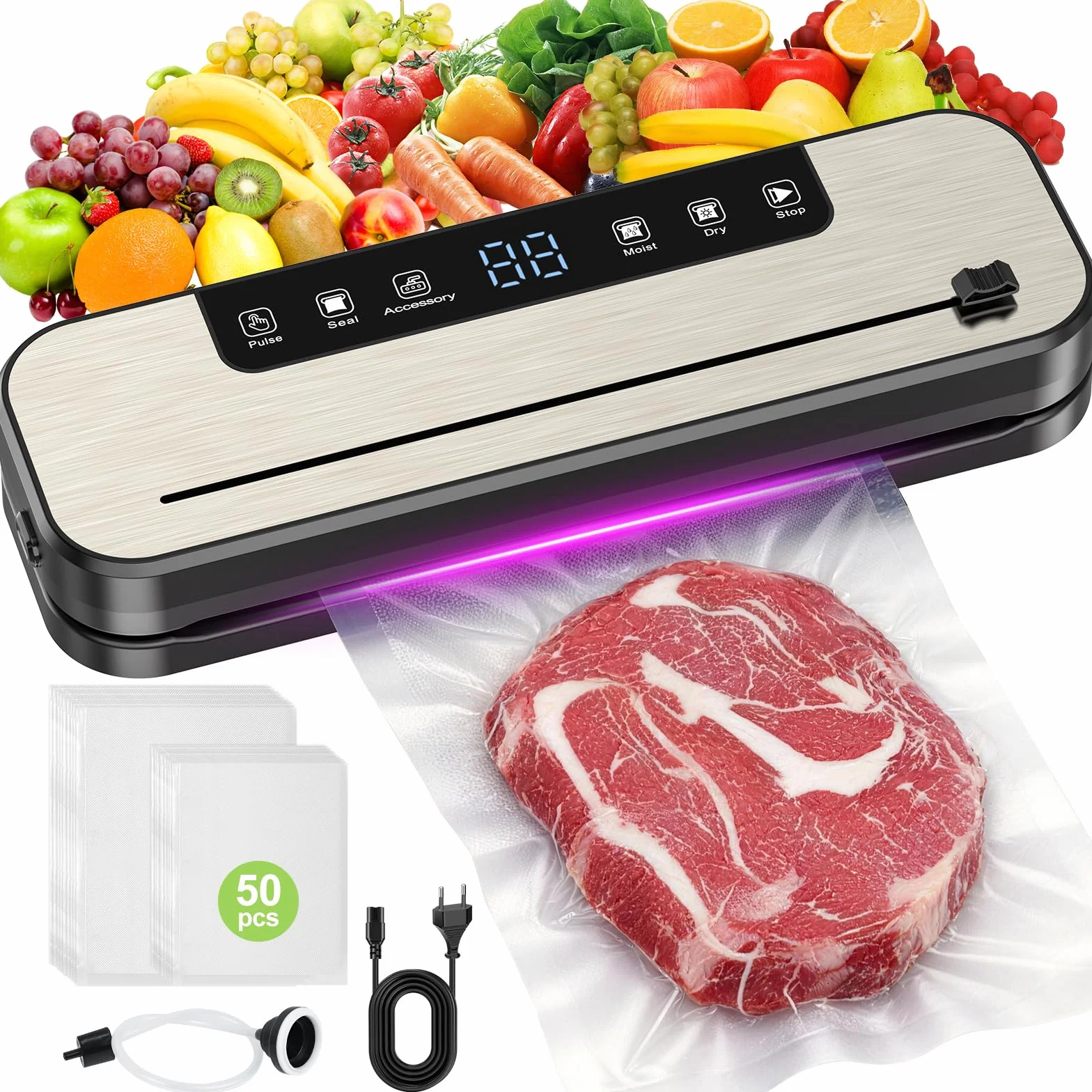 SHINER 5 in 1 Macchina per sottovuoto, più lunga di 30 cm, con taglierina e indicatore LED visibile, adatta per sigillare sia alimenti secchi che umidi, include 50 sacchetti per sottovuoto e tubo