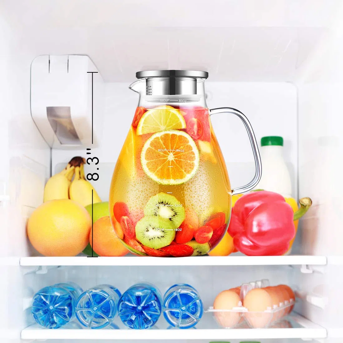 Caraffa Vetro Borosilicato, Brocca 2,4 Litri con Coperchio,per Acqua con Pennello, per Latte, Succhi, Tè Freddo