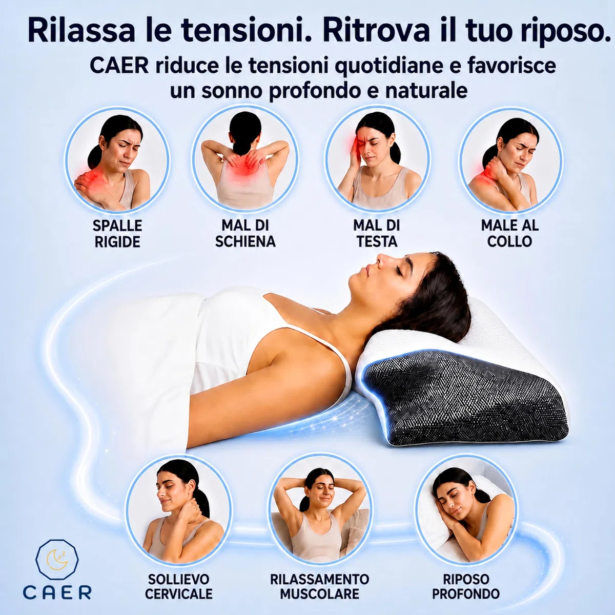 CAER Cuscino Cervicale per Dormire su Fianco e Schiena – Memory Foam Ortopedico, Misure 60x36 cm con Doppia Altezza, Supporto per Collo e Spalle, Federa Lavabile
