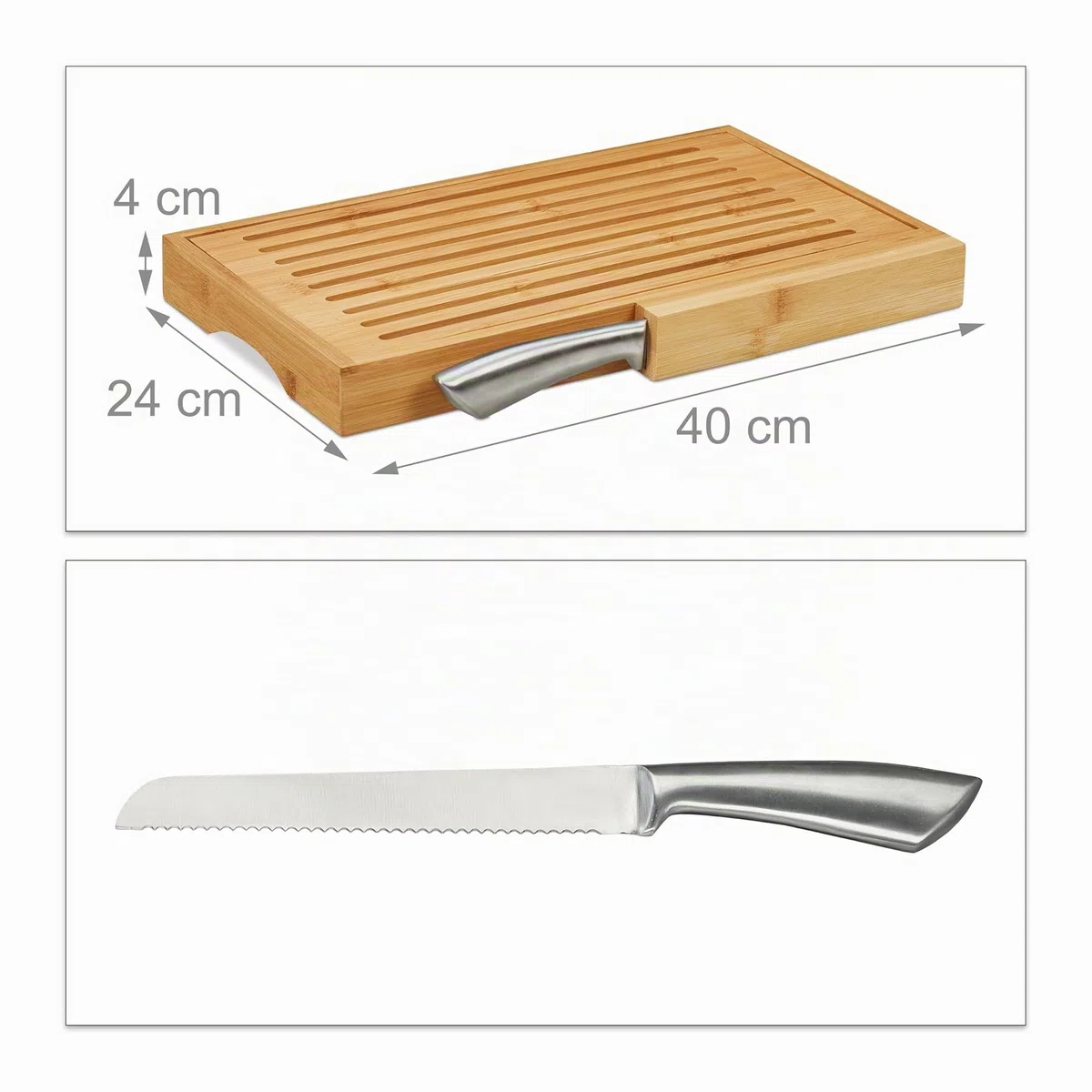 Relaxdays Tagliere per Pane, con Coltello in Acciaio Inox, Raccogli Briciole, Bambù, HLP 4x40x24 cm, Legno Naturale