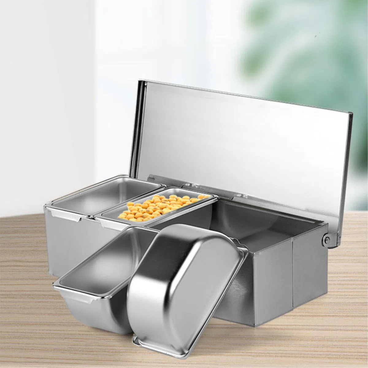 Scatola per condimenti in acciaio inossidabile, vassoi a 4 scomparti Contenitore per condimenti refrigerati Custodia di grande capacità Parte da snack Farina Prodotti secchi Frutta
