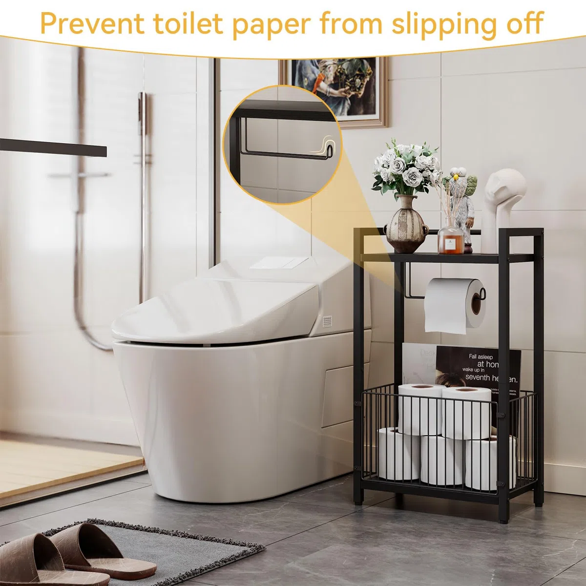 IBUYKE Portarotolo da bagno autoportante con ripiano portaoggetti, porta carta igienica con spazio extra per rotoli, riviste, salviettine umidificate Nero TLJ020B
