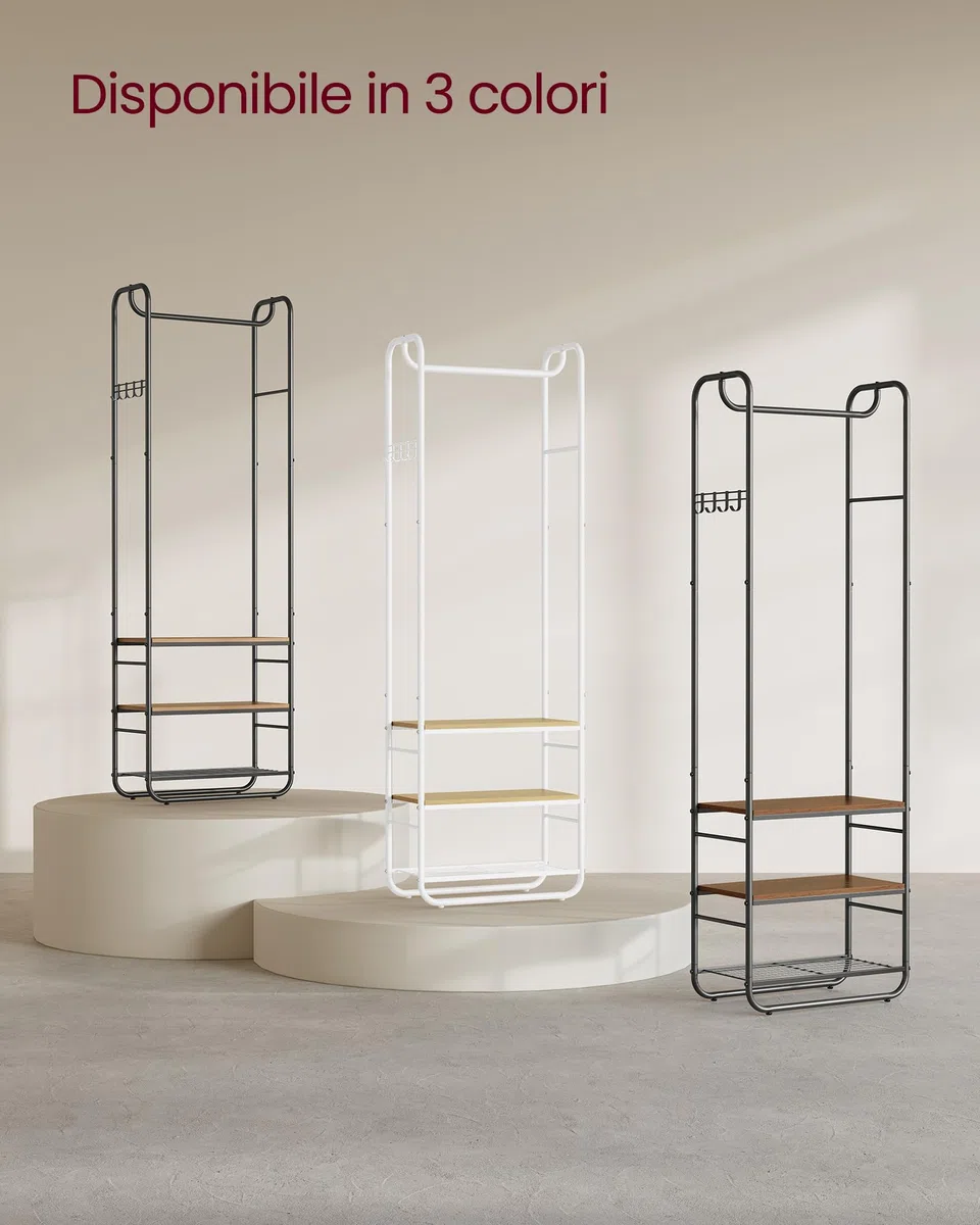 VASAGLE Appendiabiti con Scarpiera per Ingresso, Attaccapanni con Ripiani Portaoggetti, per Soggiorno, Camera da Letto, 58 x 28 x 181 cm, Stile Scandinavo, Nero Inchiostro e Marrone Cammello HSR081K01