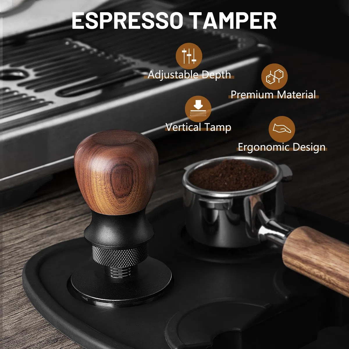 VINATO Pressa Caffè Espresso Professionale - Tamper Caffè 53.3mm con Sistema a Pressione Costante 30lbs, Profondità Regolabile, Impugnatura in Noce e Base in Acciaio Inox 304