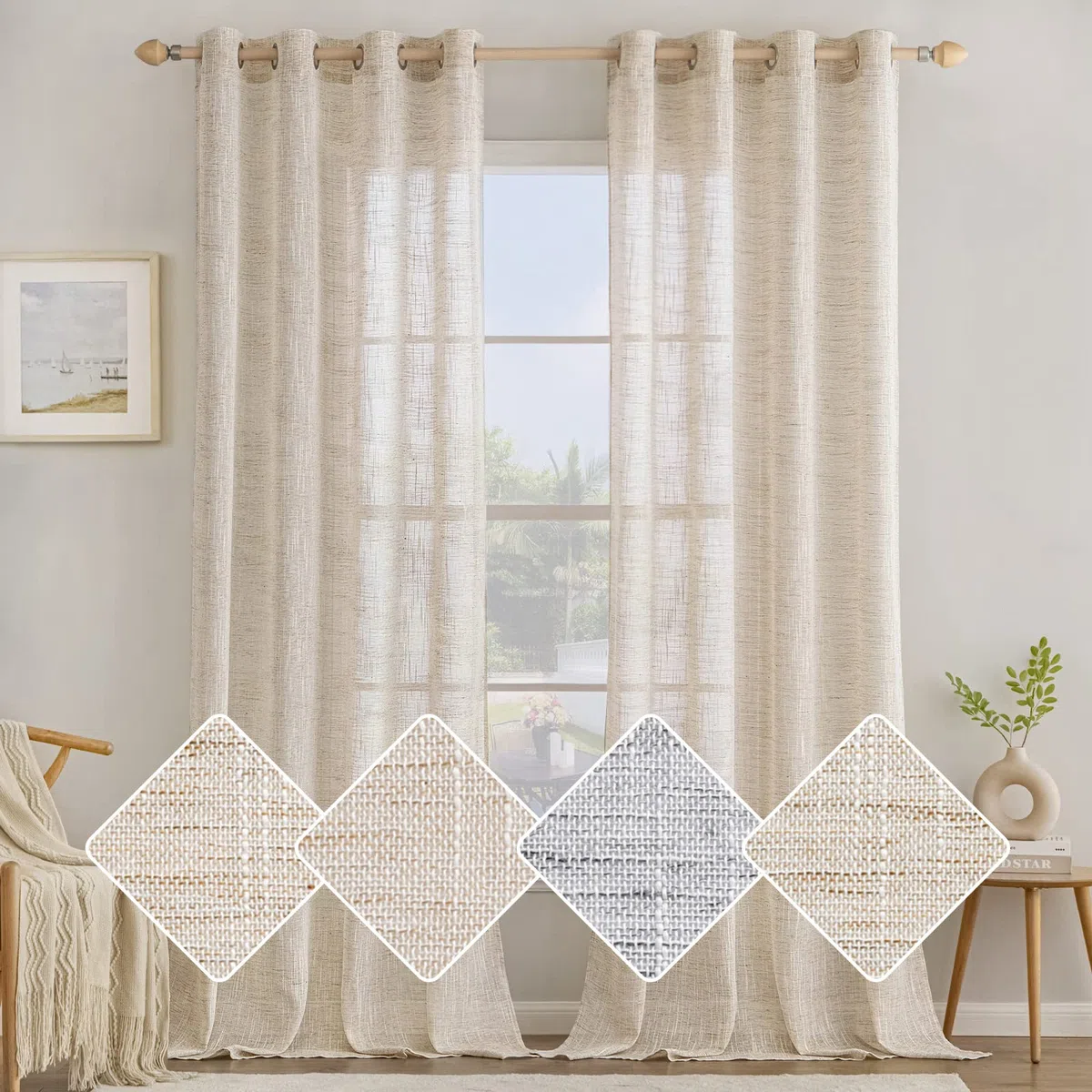 MIULEE Voile Tende Lino Tenda a Pannello Tende per Interni Traslucido Tende Camera da Letto Moderne per Soggiorno Lino Trasparente per Porte Balcone Adatte 140x260 cm Naturale 2 Pannelli