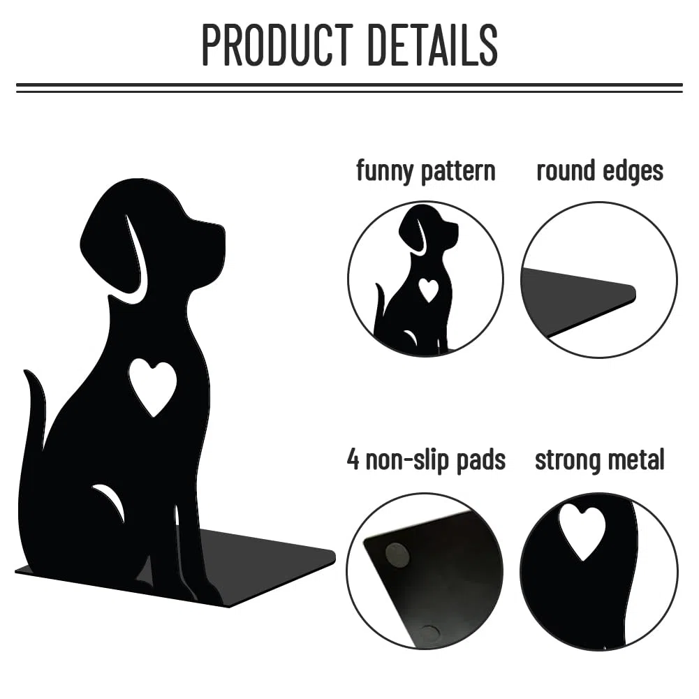 WADORN Fermalibri per Mensole A Forma di Cane, Decorativi, 1 paio, Fermalibri In Metallo Antiscivolo Resistente A Forma di Cucciolo, Fermalibri A Forma di L, per Biblioteca, Casa, Ufficio, Scrivania