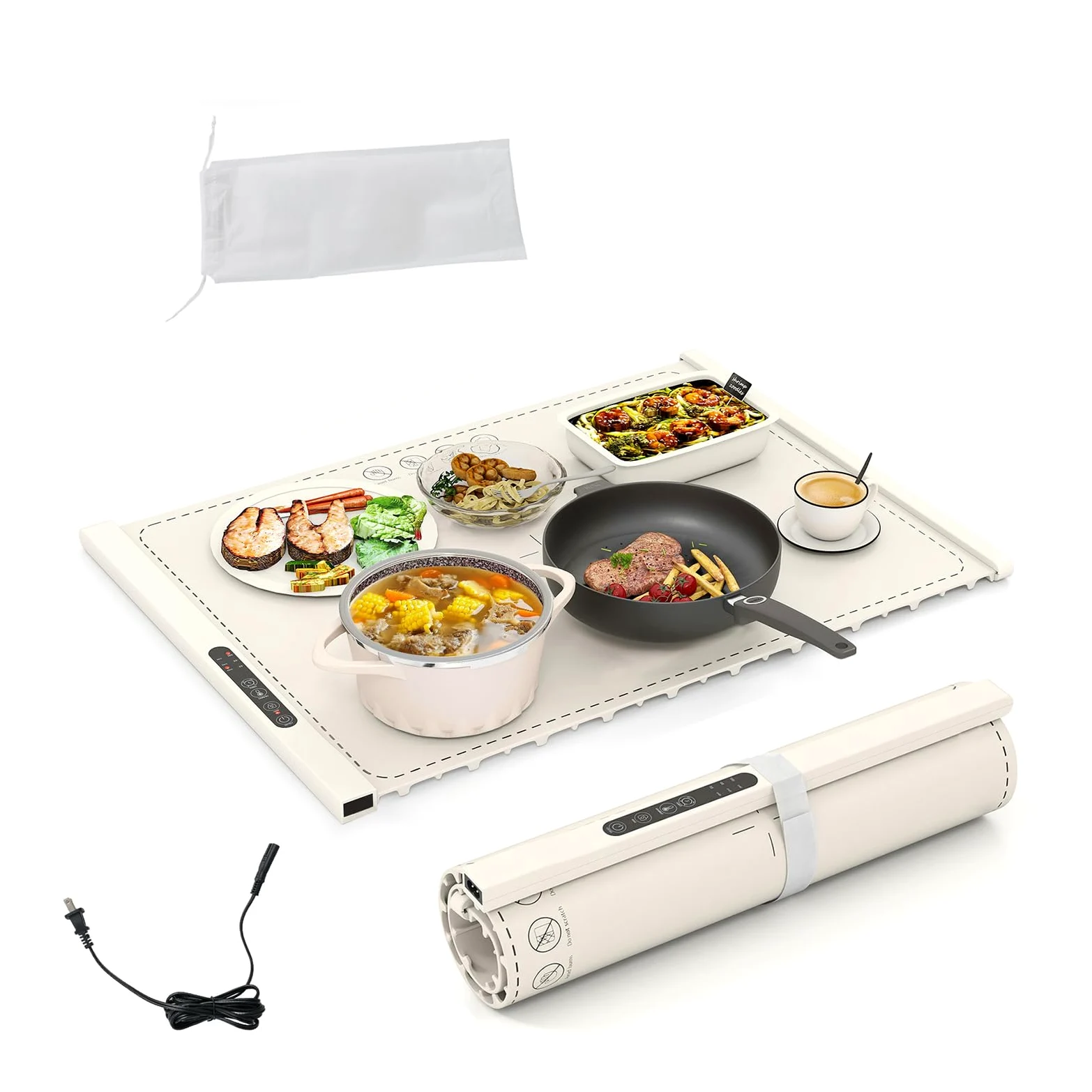 SOARS Scaldavivande Elettrico Portatile, Tappetino Riscaldante Pieghevole in Silicone, Temperatura Regolabile a 3 Livelli, 3 Timer, Vassoio Riscaldante per Feste, Buffet, Riunione (Bianco, 60 X 44 CM)