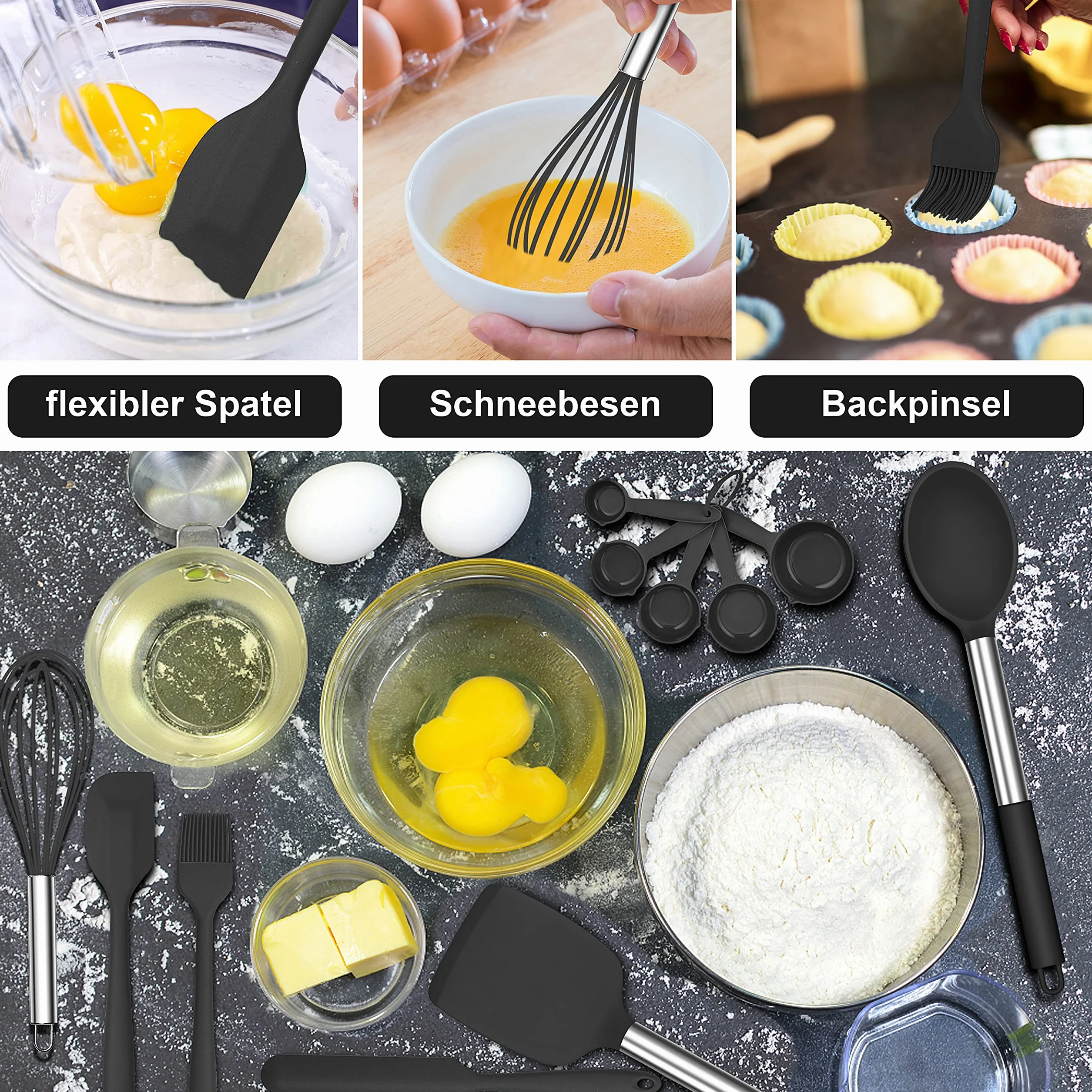 Herogo Set di 25 utensili da cucina in silicone con supporto, set di posate da cucina resistenti al calore, con manico in acciaio inox, antiaderente, set da cucina, contenitore, nero