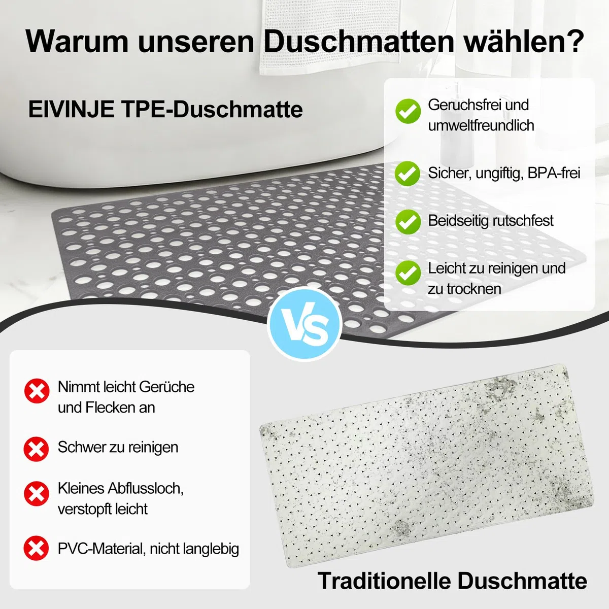 Tappetino da doccia antiscivolo 60 x 90 cm – Tappetino antiscivolo per la doccia in morbido materiale TPE con ventose e grandi fori di drenaggio, asciugatura rapida e lavabile in lavatrice
