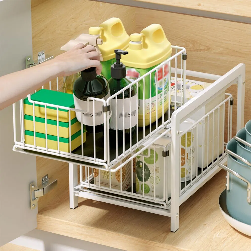 YunNasi Scaffale Sottolavello Portaoggetti con 2 Cestelli Scorrevoli, Organizer Sotto il Lavello, per Bagno, Cucina, Controsoffitto, Mobile (Regolare, BiancoBianco)