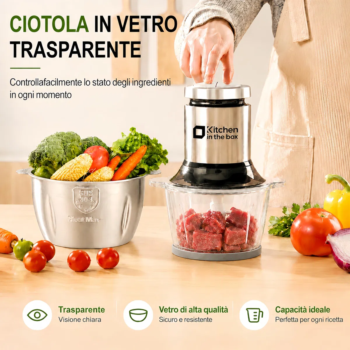 Kitchen in the box Tritatutto 2L con 2 Ciotole,Tritatutto da Cucina con 2 Set di 4 Lame in Acciaio inox,Tritatutto Elettrico a 2 Velocità per Verdure,Carne,Frutta Secca,400W