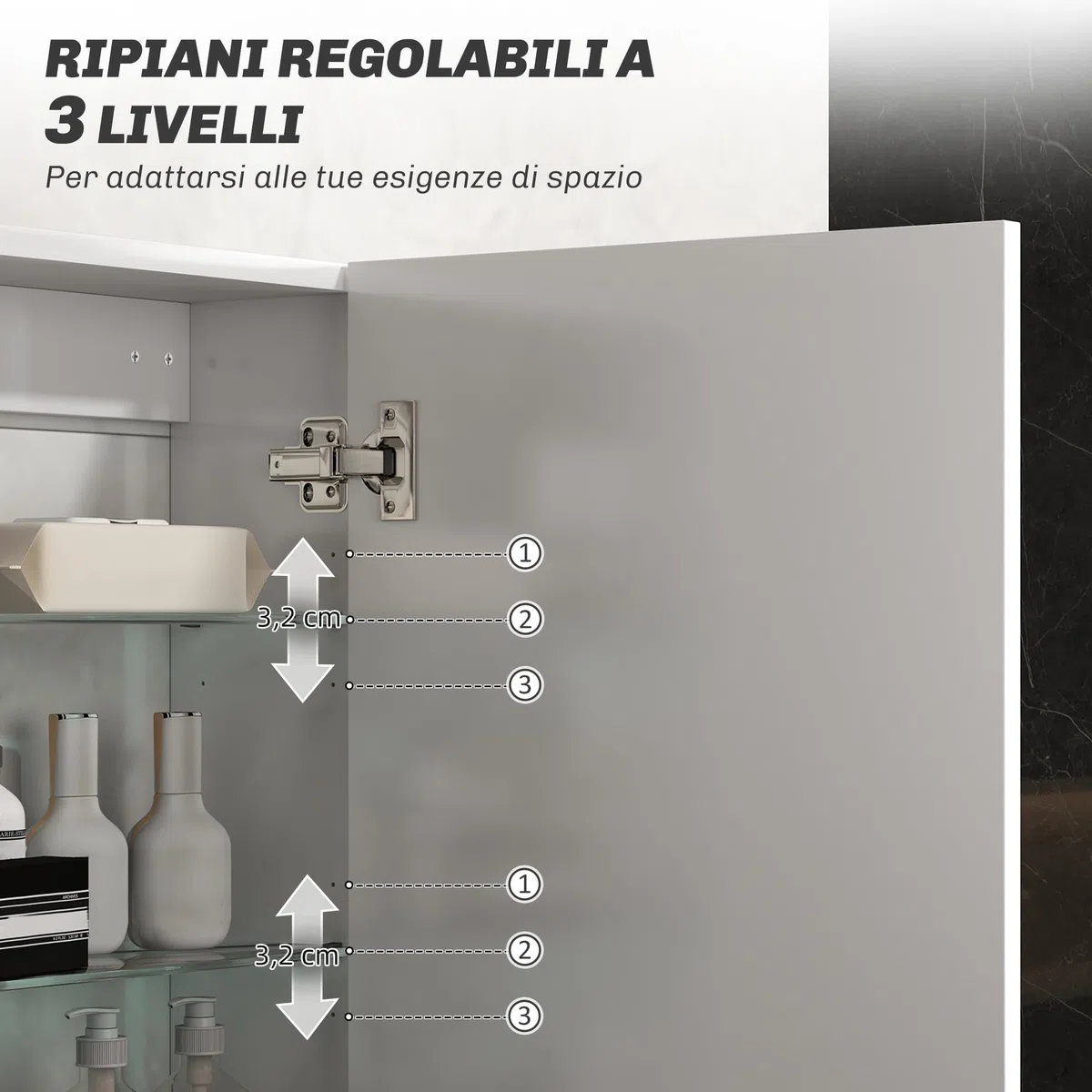 HOMCOM Armadietto Bagno da Parete in Legno e Vetro, Pensile Bagno con 3 Ripiani Regolabili su 3 Livelli, Mobiletto Sospeso con Porta, 40x15x55 cm, Bianco Lucido