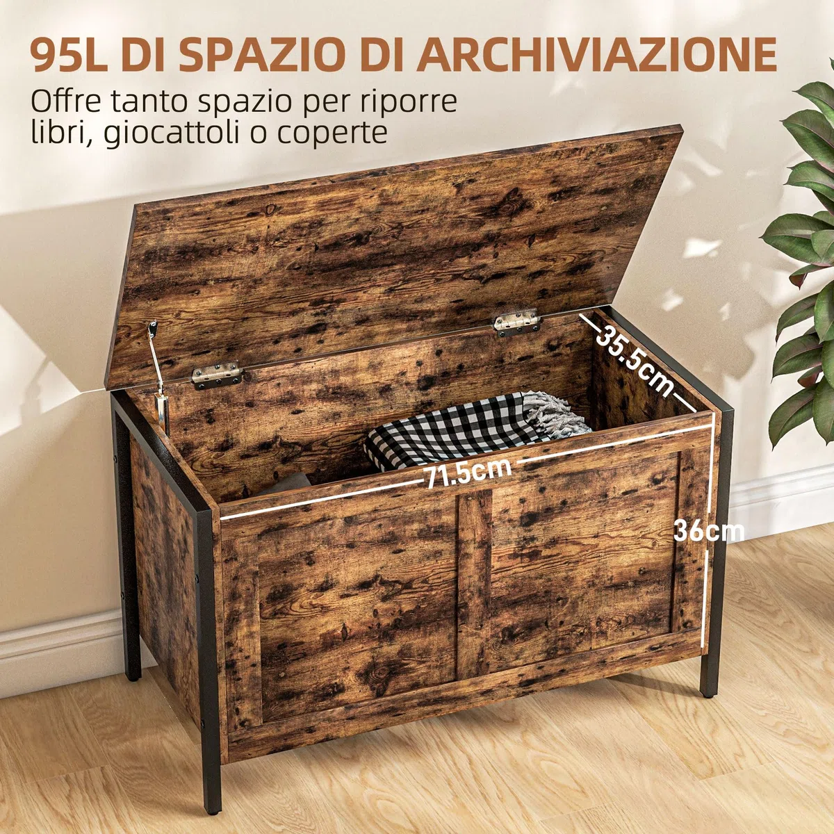 HOMCOM Cassapanca da 95L in Stile Industriale con Coperchio con Cerniera di Sicurezza, Panca Contenitore Multiuso per Salotto e Ingresso, 80x40x49cm, Marrone Rustico