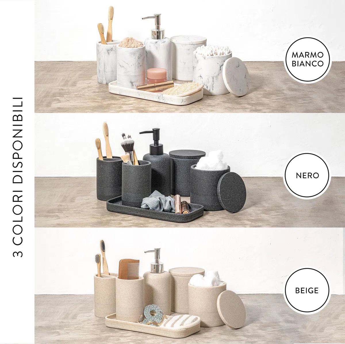 ZCCZ Set Bagno Accessori Completo 6 pezzi - Kit con Dispenser Sapone, Porta Spazzolino, Supporti Qtip, Bicchiere e Vassoio Vanità - Accessori Moderni per Bagno Elegante - Beige