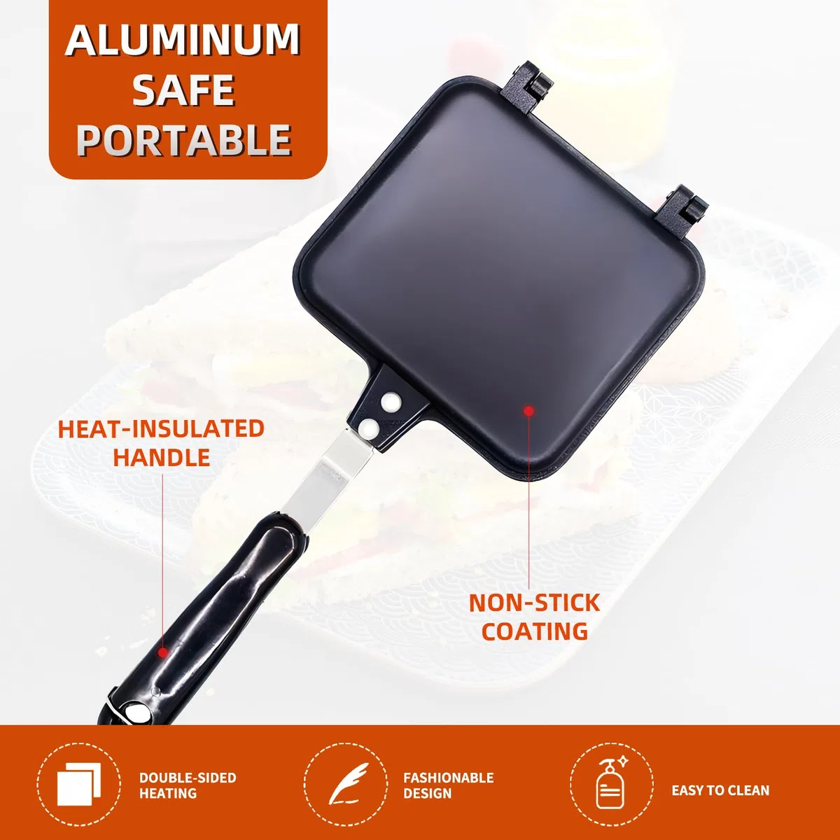 Padella a Doppia Faccia,Tostapane Sandwich Make,Privo di BPA,con Manico Resistente al Calore e Rivestimento Antiaderente,Alluminiofacile da Capovolgere,oer Spuntino e Colazione-19*15*14cm
