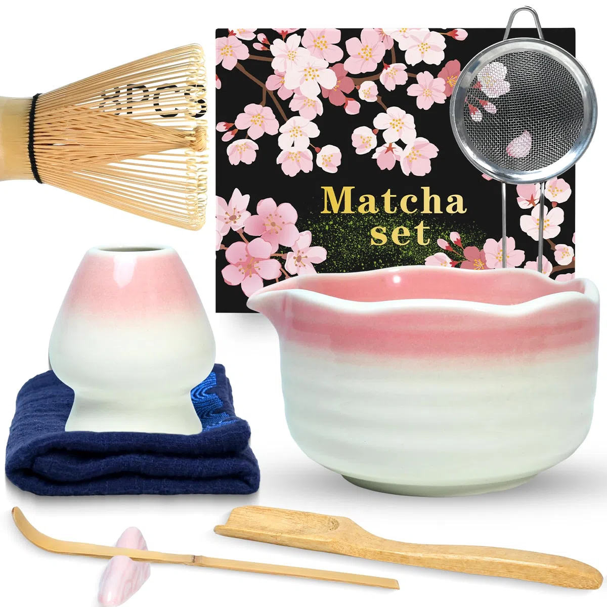 Set di ciotole in ceramica per matcha, 8 pezzi, Frullino Matcha, Ciotola Matcha con beccuccio, Filtro, Supporto e Cucchiaio, Set per Cerimonia del Tè Artigianale, Rosa Sfumato