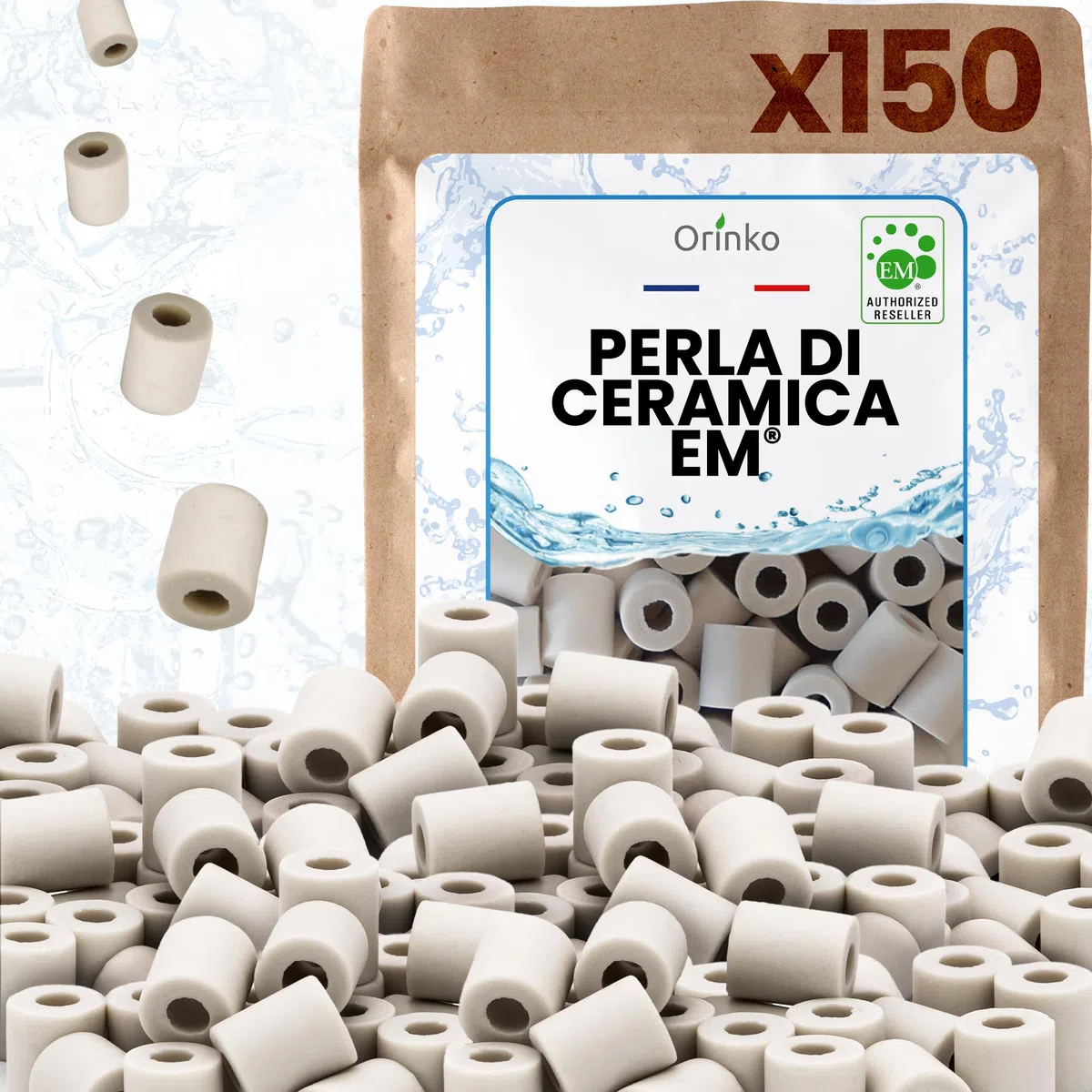 ORINKO® Perle di Ceramica EM Grigie x150 - Filtrazione Naturale per Acqua Rubinetto - Anticalcare per Elettrodomestici e Vasi Piante - Durata 10 Anni - Microorganismi Efficaci senza Plastica