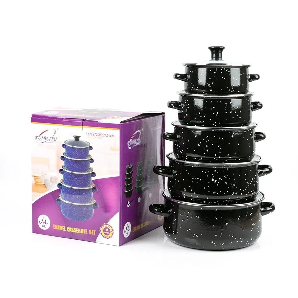Herzberg HG04128 - Set di 10 pentole e padelle con coperchi in vetro, smalto nero, manici confortevoli, dimensioni versatili (16-24 cm), durata superiore, facile da pulire