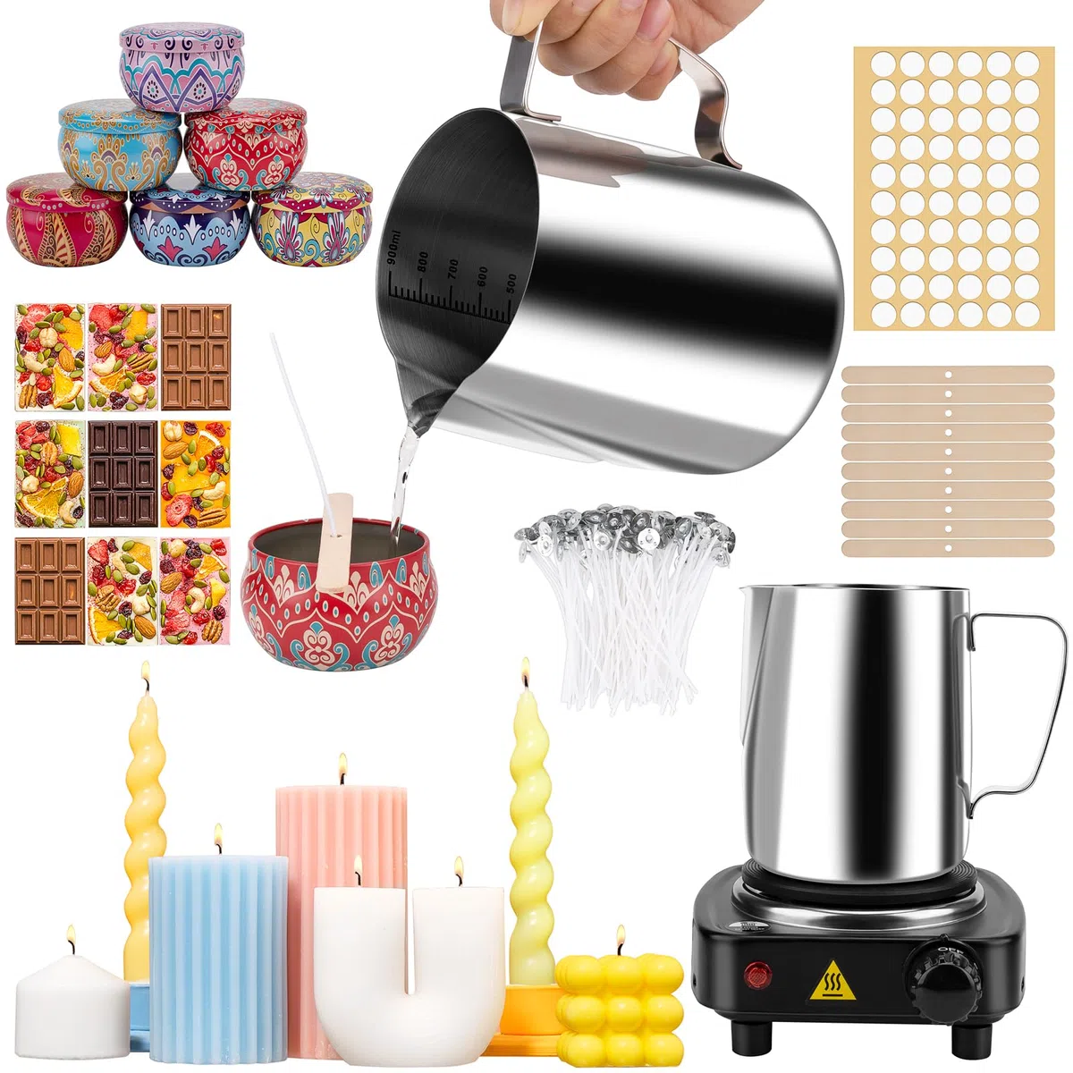 Kit per la produzione di candele JelyArt Set per la creazione di candele fai da te incluso pentolino per sciogliere la cera (900ml), 6 barattoli, 100 stoppini, 60 etichette adesive – Candele fai da te