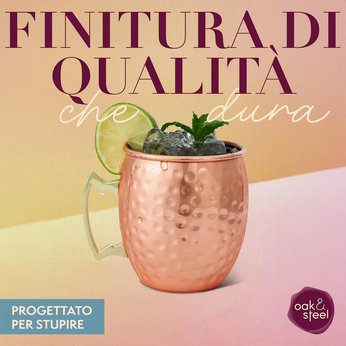 Oak & Steel - Confezione da 4 Esclusivi Bicchieri Moscow Mule in Rame con Spazzola in Acciaio Inossidabile e Cannuccia per Bevande Fredde