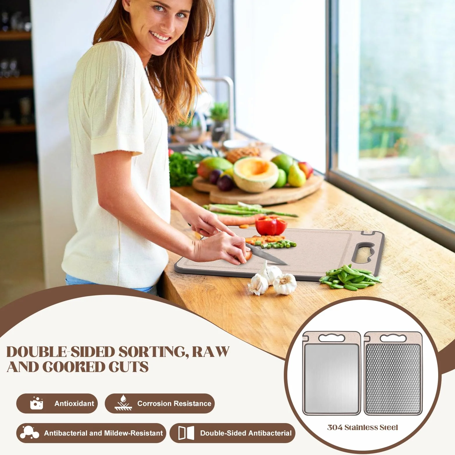 Set 2 Taglieri (36,5 x 24,8 cm) in Acciaio Inox 304 e Fibra di Grano – Doppia Faccia, Antibatterico con Affilacoltelli Integrato – Ideale per Carne, Pesce e Verdure – Confezionati Singolarmente