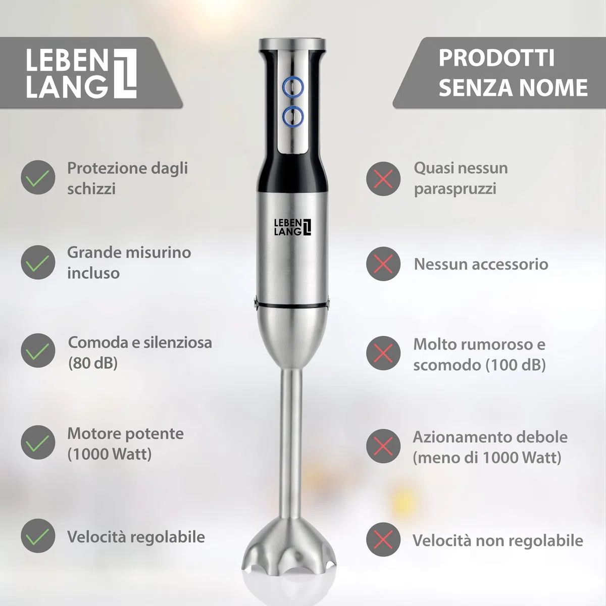 LEBENLANG 1000W frullatore immersione in acciaio inox - Mixer cucina e 8 fasi più Turbo | Frullatore immersione professionale di alta qualità | hand blender | minipimer immersione mini mixer cucina