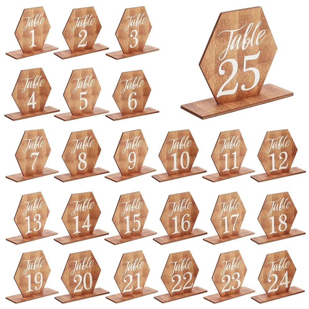 PH PandaHall 25Set Numeri Da Tavolo con Base in Legno Numeri Da Tavolo per Ricevimento di Nozze Esagonali Centrotavola per Matrimonio Autoportanti per Banchetti Ristorante Decorazioni Estivi 8.4x8.4cm