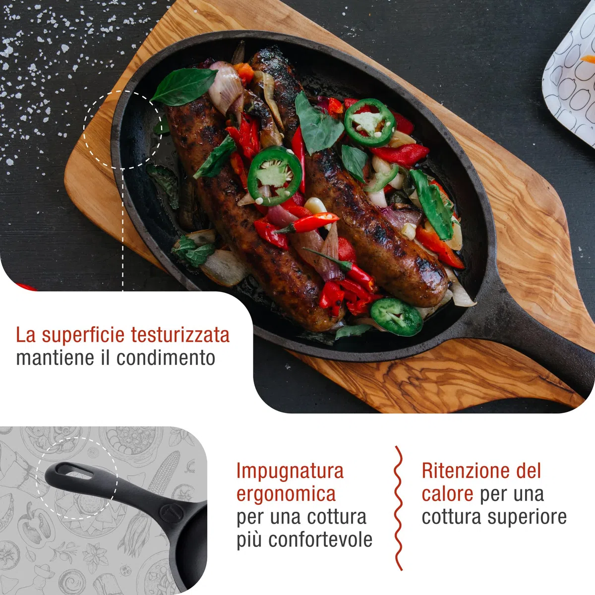 VICTORIA Padella per Fajita in Ghisa Smaltata Induzione da 25cm, Adatta per, Fuoco, Barbecue, Forno, Vetroceramica e Gas, Cast Iron Skillet Senza Sostanze Tossiche, Senza PTFE e PFOA