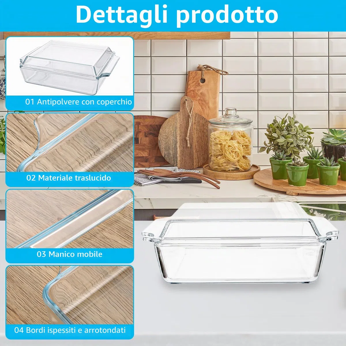 Pirofila rettangolare da 2 l, con coperchio, in vetro, 29 x 20 x 9 cm, per arrosti, forno, fornelli elettrici, pirofila resistente al calore per lasagne, carne