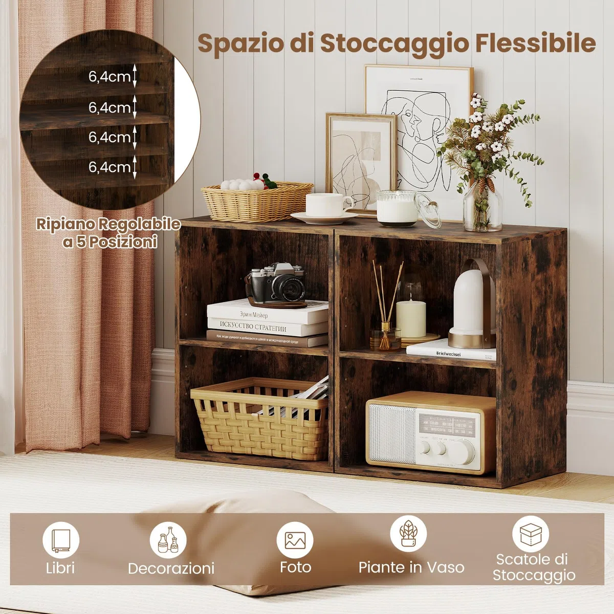 COSTWAY Libreria a 2 Ripiani Aperti, Libreria da Terra con Ripiano Regolabile a 5 Posizioni, Espositore con Tappetini Antiscivolo per Libri Riviste e Dischi, 42x29,5x53,5 cm (Marrone)