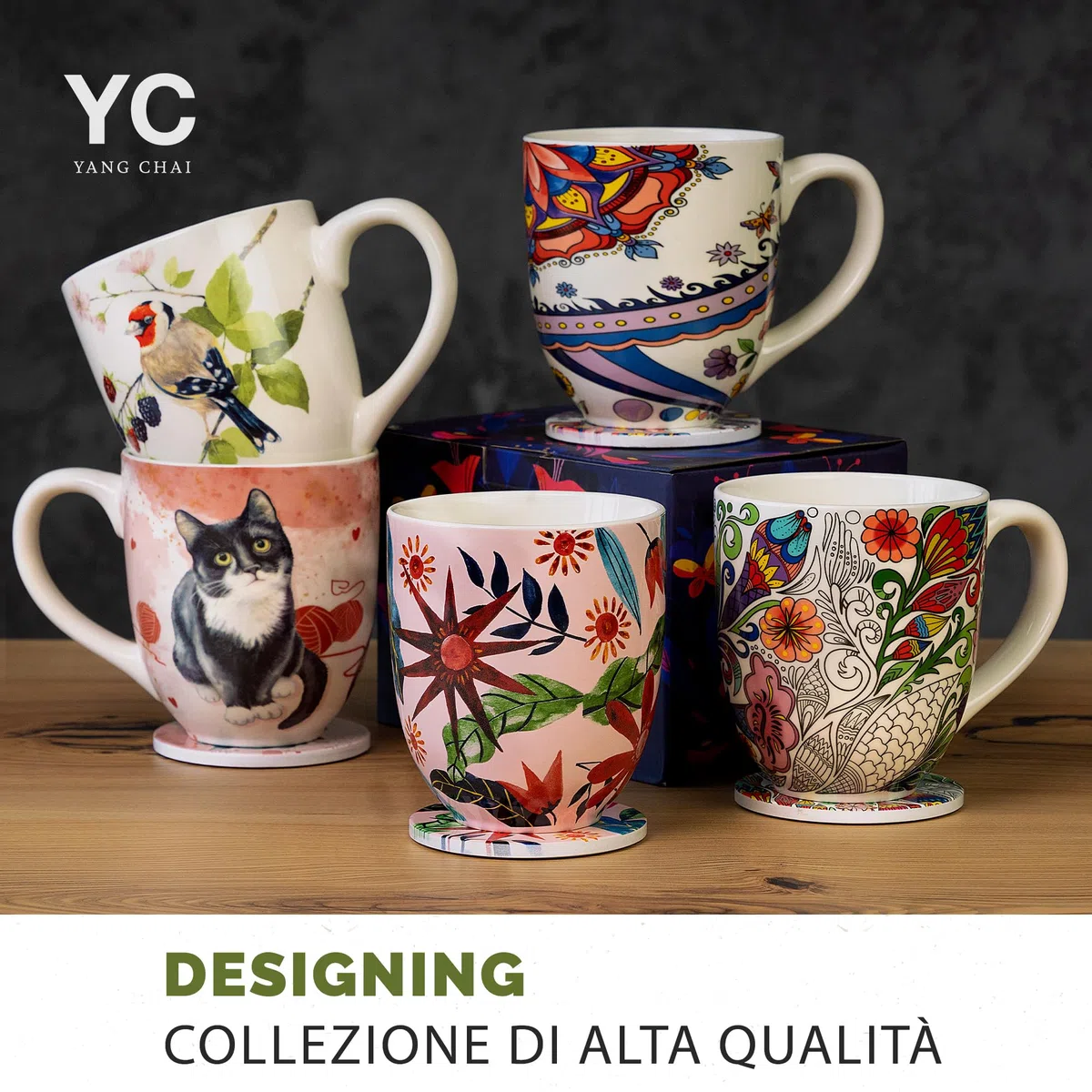 YC YANG CHAI Jumbotazza 900 ml - Tazze da Tè in Porcellana di Ossa - Set XXL con Sottobicchiere - Mug Grande, Tazza Colazione - YC CatiCat