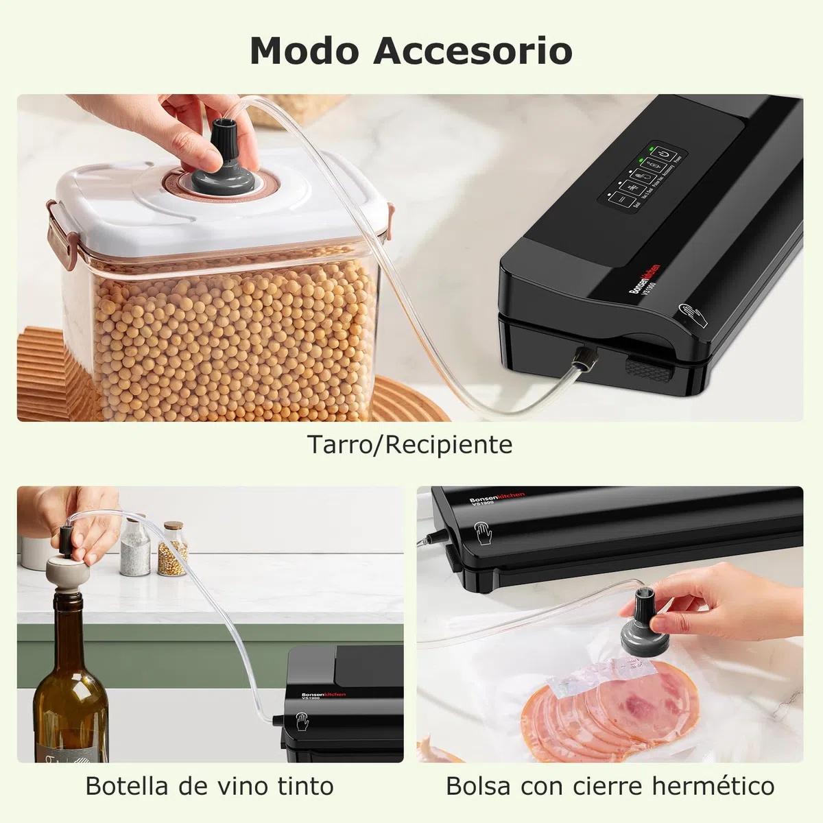Bonsenkitchen Macchina per Sottovuoto Alimenti – Compatta, Funzionamento Continuo ad Alta Velocità, 4 Modalità, Include Sacchetti e Tubo Accessorio