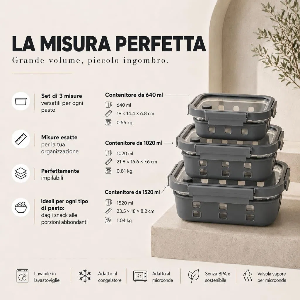 Meal Prep Contenitori Set 1x640ml, 1x 1050ml, 1x1520ml – Vetro borosilicato, ermetici, impilabili, microonde con valvola vapore, protezione silicone, contenitori vetro per alimenti