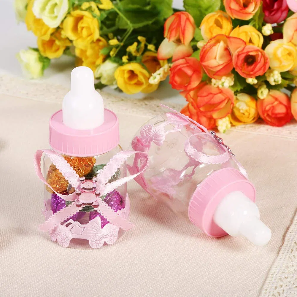 Hztyyier 50 Pezzi Biberon Scatola di Caramelle Regali per Feste in Plastica Bottiglie di Latte per Bomboniere Regali Baby Shower Decor(Rosa)