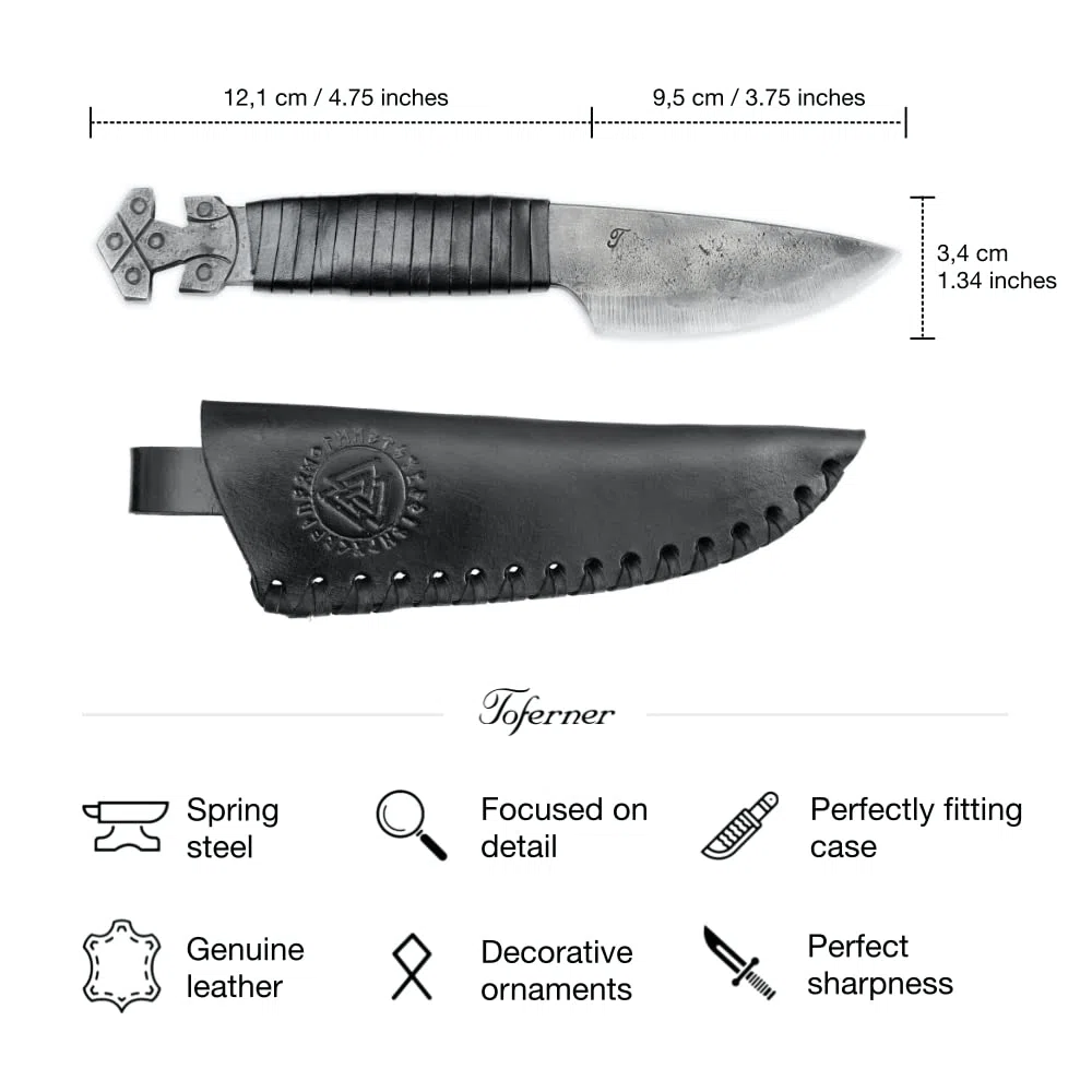 TOFERNER Coltello da caccia a lama fissa Coltello in acciaio Thor 2 – Forgiato a mano & Vintage Look – Lama a punta ultra affilata – Elegante stile anticato – Inclusa custodia in vero cuoio