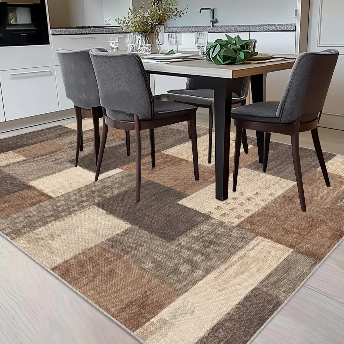 Tappeto moderno geometrico patchwork per interni e soggiorno, antracite, 80 x 150 cm, grandi tappeti, collezione Rockwood, decorazione per camera da letto, grigio, morbido, pelo corto