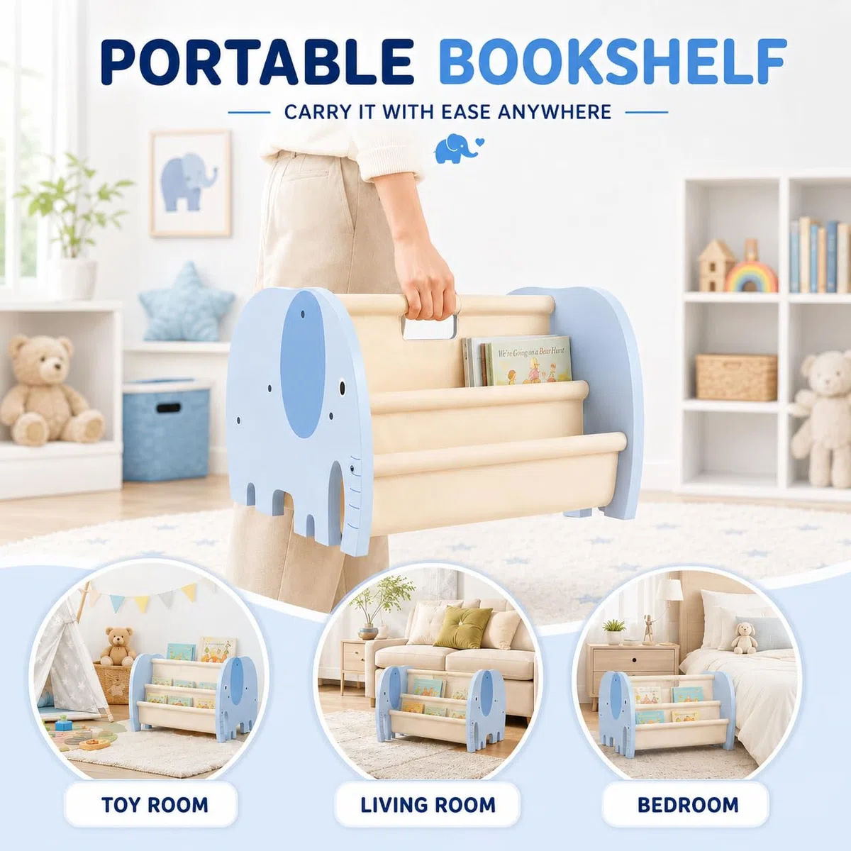 Libreria per bambini in legno, Libreria Montessori per Bambini, Scaffale Porta Libri Doppia Faccia con Tasche in Tela, Stile Montessori Portatile con Maniglia, Mobiletto Porta Libri per Cameretta