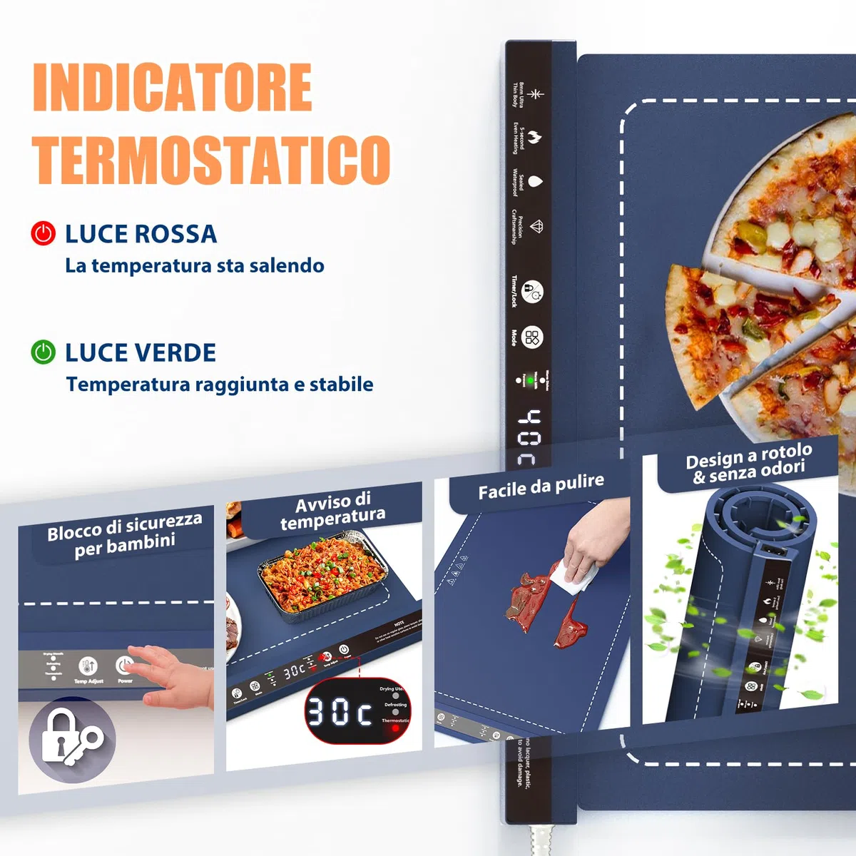 Vassoio Riscaldante Elettrico, Vassoio Riscaldante Elettrico Pieghevole con 8 Livelli di Regolazione, Indicatore Termostatico, Spegnimento Automatico Dopo 24 Ore