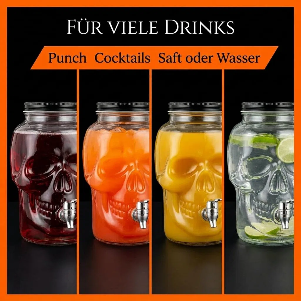 MIJOMA Dispenser per bevande a forma di teschio, 4 l, in vetro con rubinetto per Halloween, feste, bar, decorazione per bowle, cocktail, succo di acqua
