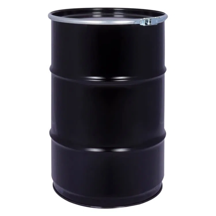 Jerrycanshop - Bidone in acciaio con coperchio rimovibile 60 l - 60 l - Tonneau in acciaio con anello di serraggio - Nero