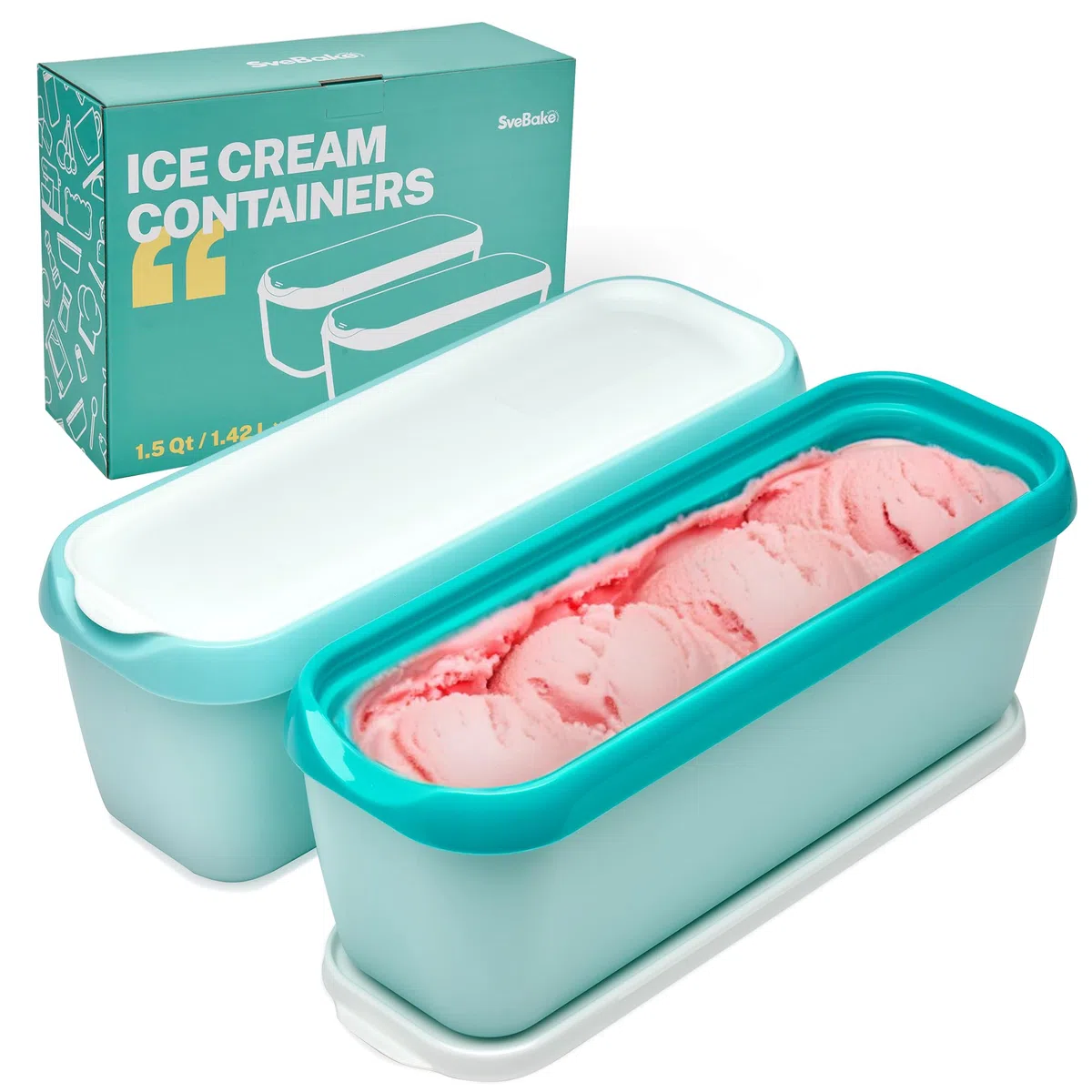 SveBake Vaschetta per Gelato con Coperchi - 2 Pezzi Contenitori Gelato Freezer, Recipienti da 1,4 L Riusabili per la Conservazione di Gelato Fatto in Casa, Sorbetto | Verde e Turchese