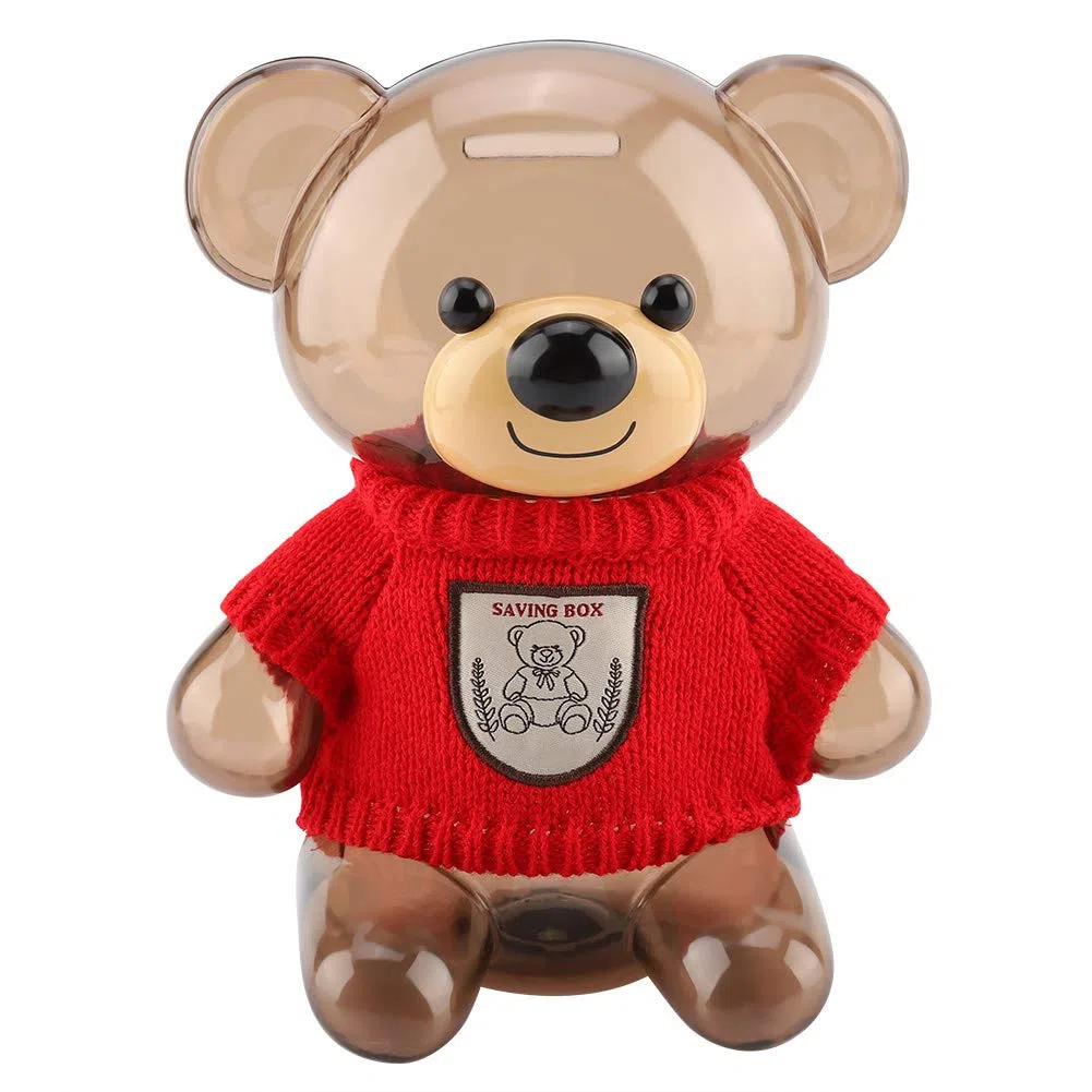 Fdit Salvadanaio Grande, Salvadanaio per Bambini, Salvadanaio, Salvadanaio, Cartone Animato, Vestiti, Orso, Plastica Trasparente(Orso Trasparente in Rosso)