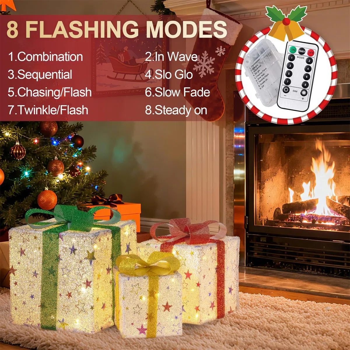 Lypumso Set di 3 Pacchi Regalo Luminosi Natale, 50Leds Scatole Regalo di Natale Stella 8 modalità con Telecomando e Timer, Batteria, LED Scatole Natalizie Luminose per Decorazioni Natalizie, Albero