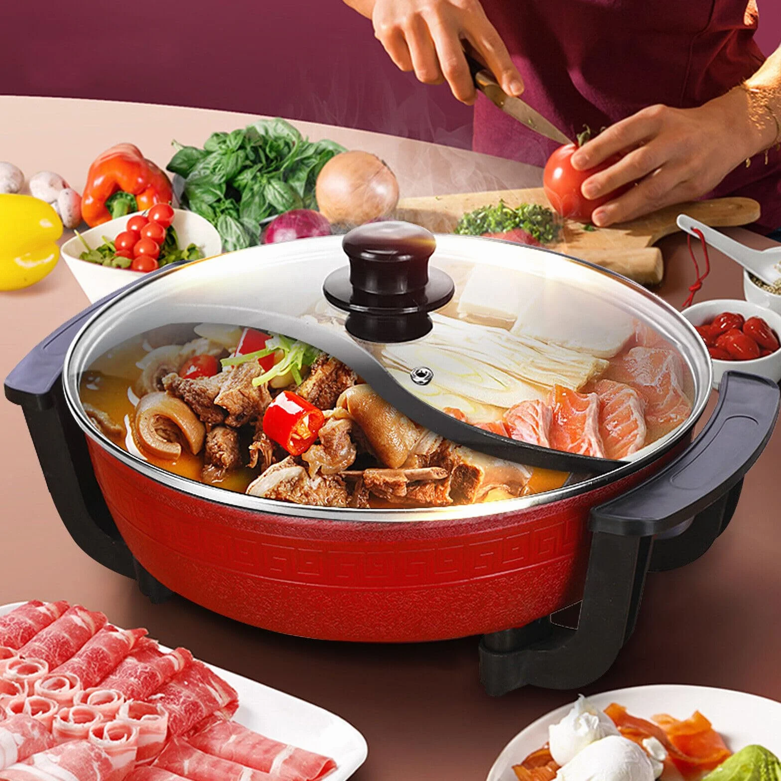 Pentola elettrica multifunzione da 1300 W, con fondo riscaldante e coperchio, 6 litri, 2 scomparti, Shabu Shabu