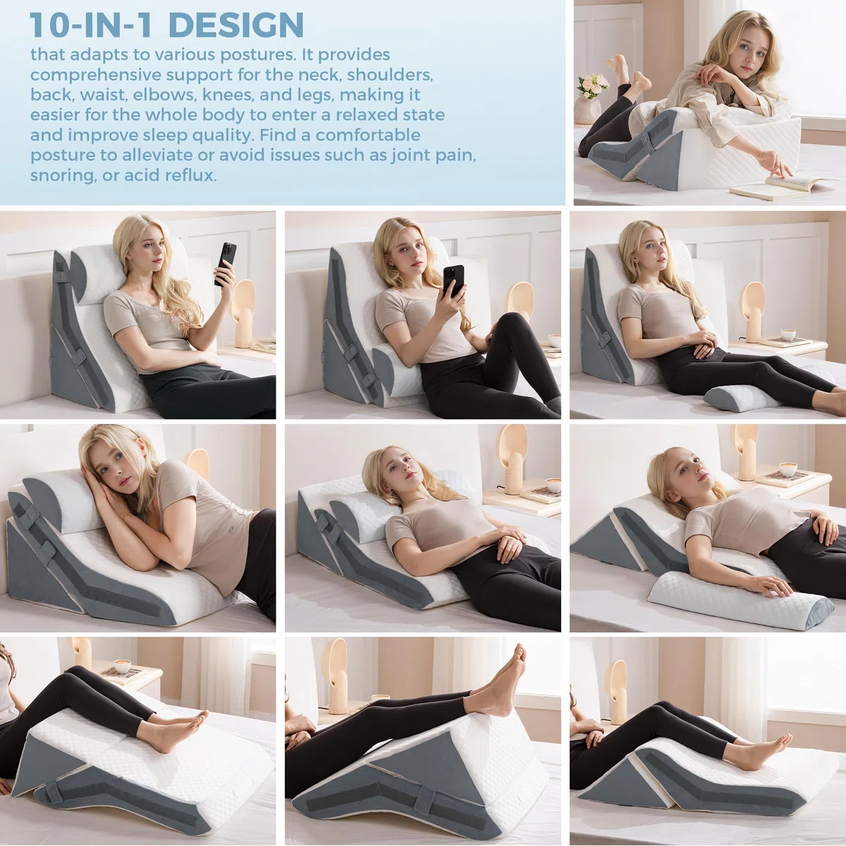 Cuscino a Cuneo 3-in-1 Ergonomico, Set Cuscino Triangolare Pieghevole in Memory Foam, Supporto Regolabile per Schiena e Gambe, Ideale per Lettura e Relax a Letto